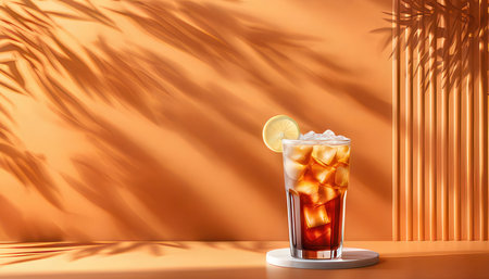 Glass of tasty iced tea with lemon on table against color wallの素材