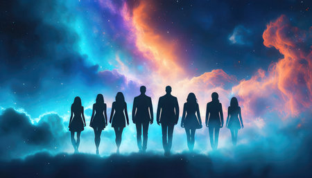 Group of silhouettes of women in the night sky. 3D renderingの素材