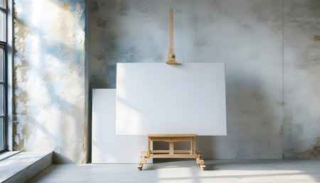 White canvas on wooden easel in empty room with concrete wall and sunlight. Mock up, 3D Renderingの素材
