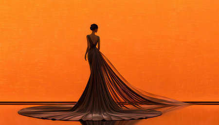 Silhouette of a woman in a long dress on an orange backgroundの素材