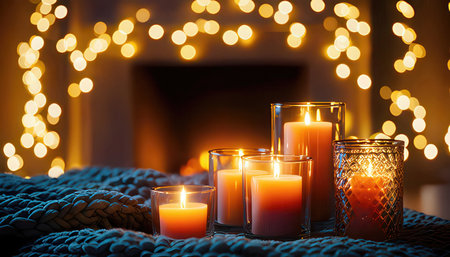 Burning candles on the background of a burning fireplace and Christmas lightsの素材