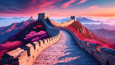 The Great Wall of China at sunset. 3d render illustration.の素材