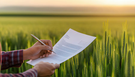 Agriculturist working on the wheat field at sunset.の素材
