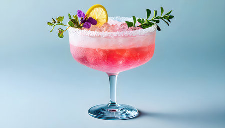 Pink cocktail with ice, lemon and flowers in a glass on blue backgroundの素材