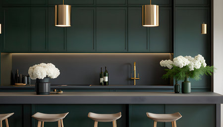 Interior of modern kitchen with dark green walls, concrete floor, green countertops with built in sink and cooker. 3d renderingの素材