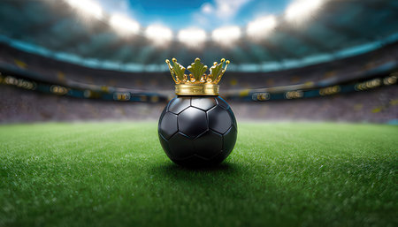 Soccer ball with golden crown on the field. 3D renderingの素材