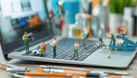 Miniature people : Repairman working on laptop at workplace in officeの素材