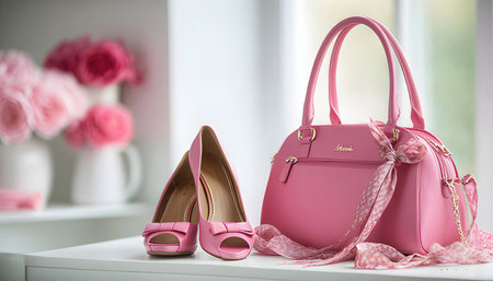 Pink bag, shoes and scarf on a white table in the roomの素材