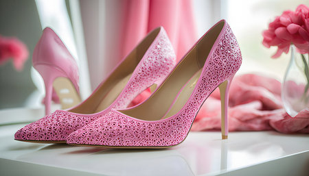 Beautiful pink high heel shoes on a white table in the roomの素材