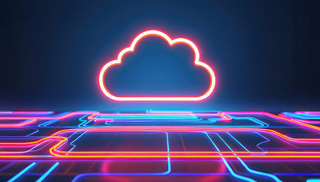 3D rendering of cloud with neon lights on dark background. Computer digital drawing.の素材