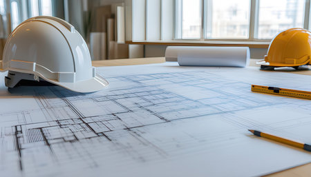 Architectural blueprints with yellow safety helmet on desk in officeの素材