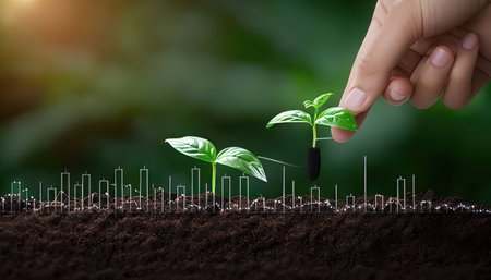 Human hand planting green seedling into fertile soil with green bokeh backgroundの素材