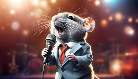 Cute rat in business suit with microphone on stage. Mixed mediaの素材