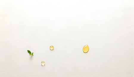 Fresh green leaves and drop of water on white wooden background, top viewの素材