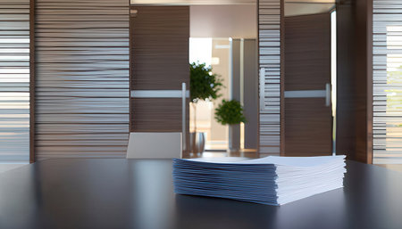 Stack of papers on black table in modern office. 3d renderingの素材