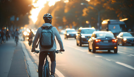 Cyclist riding on the road in the city at sunset.の素材