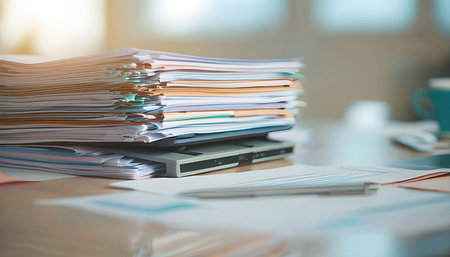 Close up of stack of documents on office desk with blur background.の素材