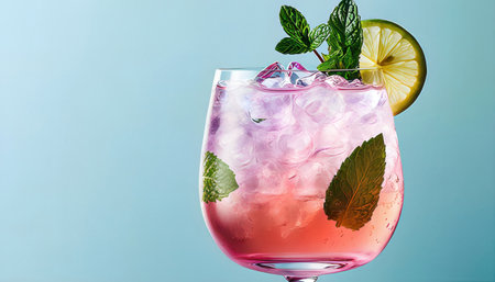 Cocktail with ice, mint and lime on a blue backgroundの素材