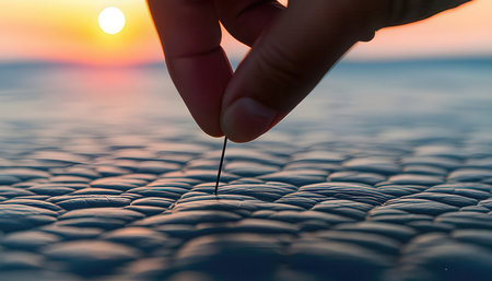 Close up of hand holding a needle over the sea at sunset.の素材