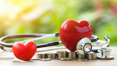 Stethoscope and red heart on wooden table with bokeh nature background.の素材