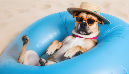 Cute dog in sunglasses and hat lying on blue inflatable ringの素材