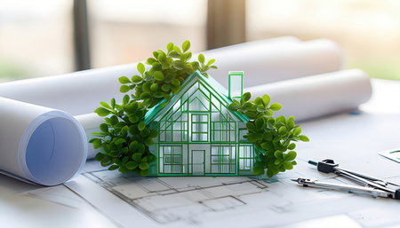 House model with blueprint and divider on the desk. Real estate concept.の素材