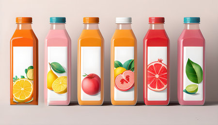 Bottles of fruit juices with fruits and leaves. Vector illustration.の素材