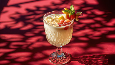 Panna cotta with strawberries and mint on a red background.の素材