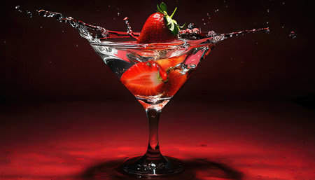 Strawberry splashing into a martini glass with a splash on a dark backgroundの素材