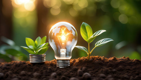 Glowing light bulb with green sprout growing out of the soilの素材