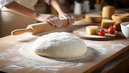 Female hands kneading dough on table in kitchen, closeupの素材