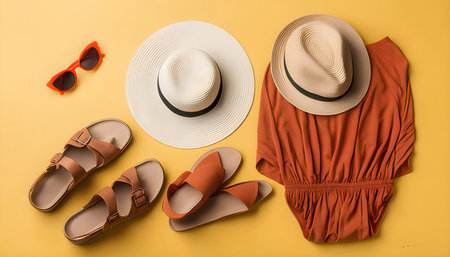 Flat lay composition with stylish female clothing and accessories on color backgroundの素材