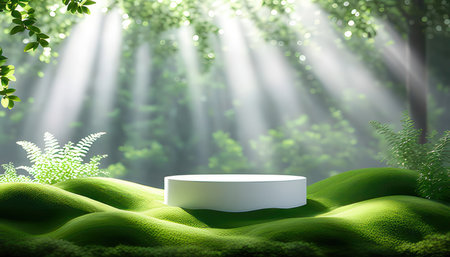 3d render of white podium on green grass with forest background.の素材