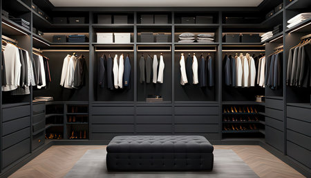 Modern black wardrobe with black walls, wooden floor and black sofa.の素材
