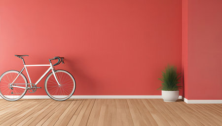 3D rendering of a white bicycle leaning against a red wall in a roomの素材
