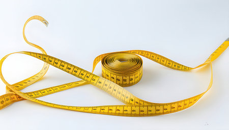 Yellow measuring tape on a white background. The concept of a healthy lifestyle.の素材