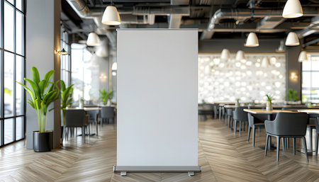 Blank roll up banner stand in cafe. 3d rendering mock upの素材