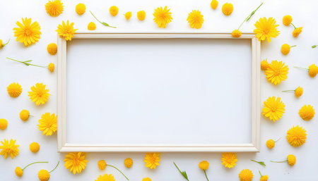 White frame with yellow flowers on a white background. Flat lay, top view.の素材