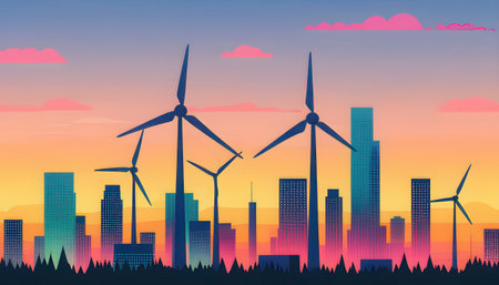 Eco city skyline at sunset with wind turbines. Vector illustration.の素材