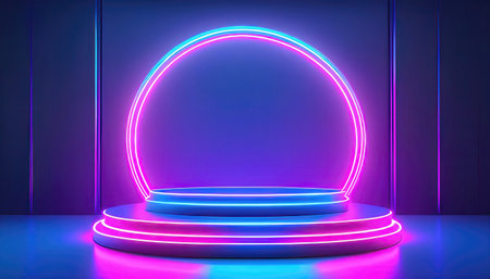 Abstract round podium illuminated with neon light. Mock up, 3D Renderingの素材