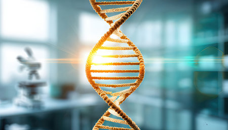 DNA molecule on blue background as biochemistry, genetics and medicine conceptの素材