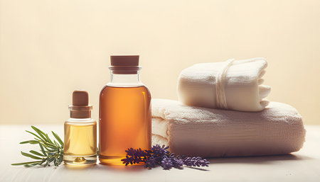 Spa still life with lavender oil, towel and essential oil bottlesの素材