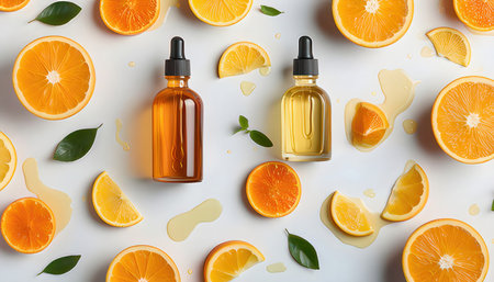 Bottle of orange essential oil on white background, flat lay. Space for textの素材