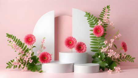 3d render, abstract minimal scene with round podiums, flowers and leaves on pink backgroundの素材