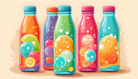 Vector illustration of a set of colorful plastic bottles with fruit juices.の素材