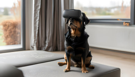 Cute dog wearing virtual reality goggles sitting on a chair at homeの素材