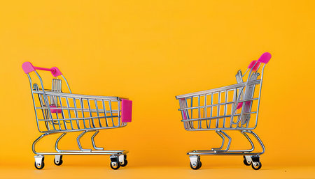 Empty shopping cart on yellow background. Shopping concept. Copy space.の素材