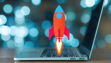Startup concept with rocket and laptop on bokeh background.の素材
