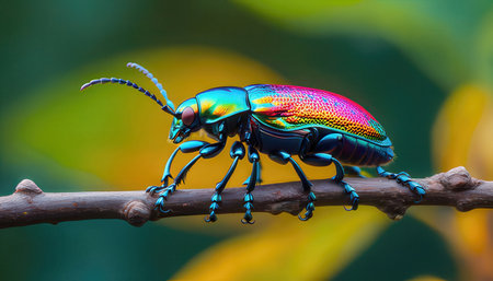 Macro shot of a colorful beetle on a twig in nature.の素材
