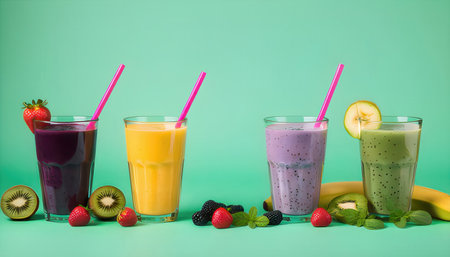 Fruit smoothies in a glass with straws on green backgroundの素材